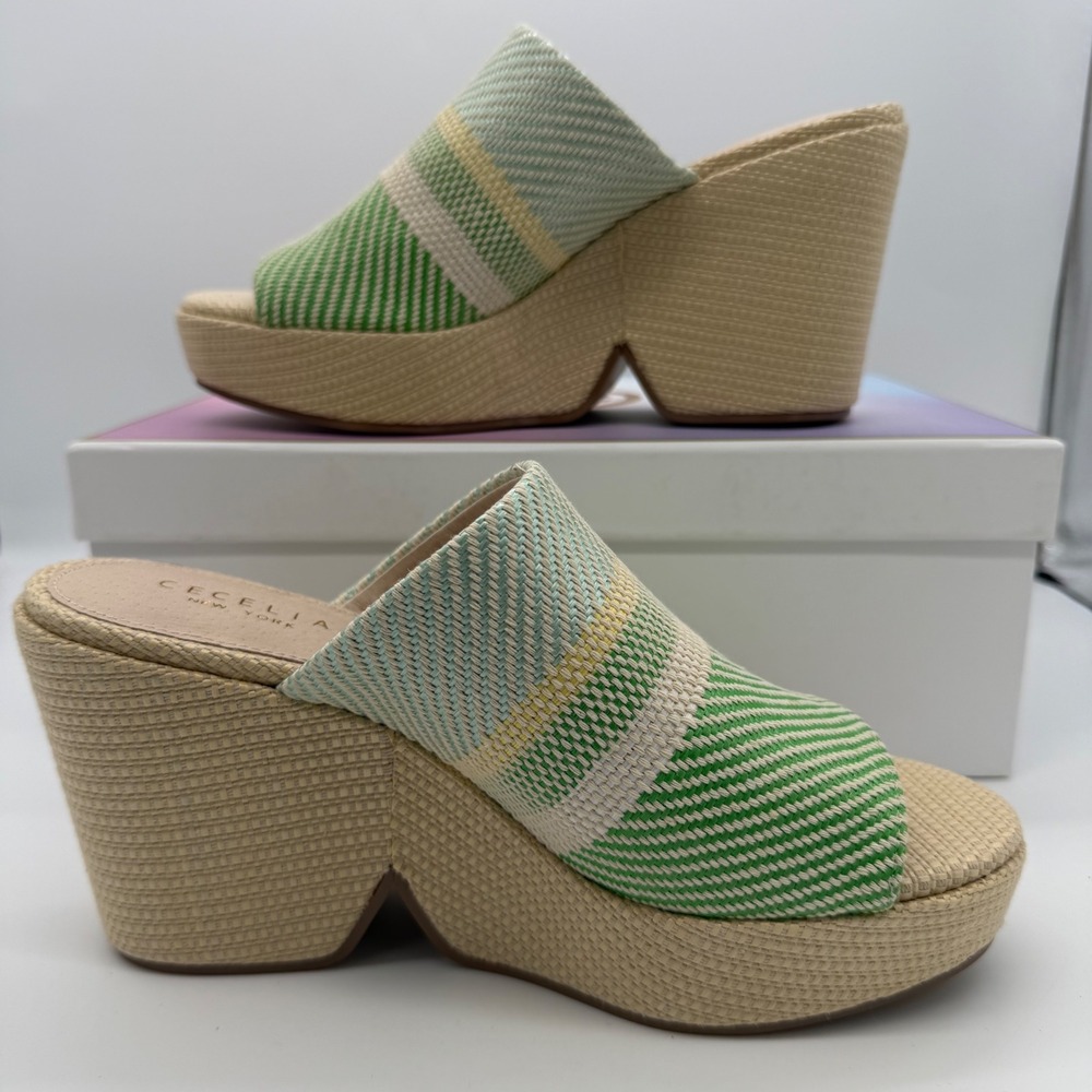 Cecelia New York Frost Green Natural Raffia Platform Wedge Mules 8.5M New